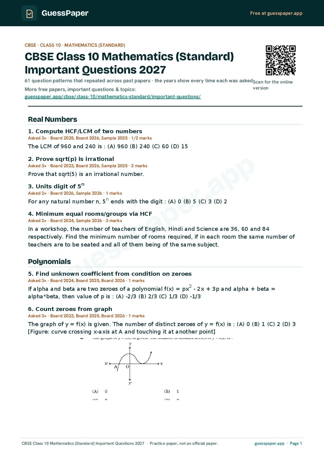 CBSE Class 10 Important Questions 2027 Mathematics Standard - Page 1 of 9