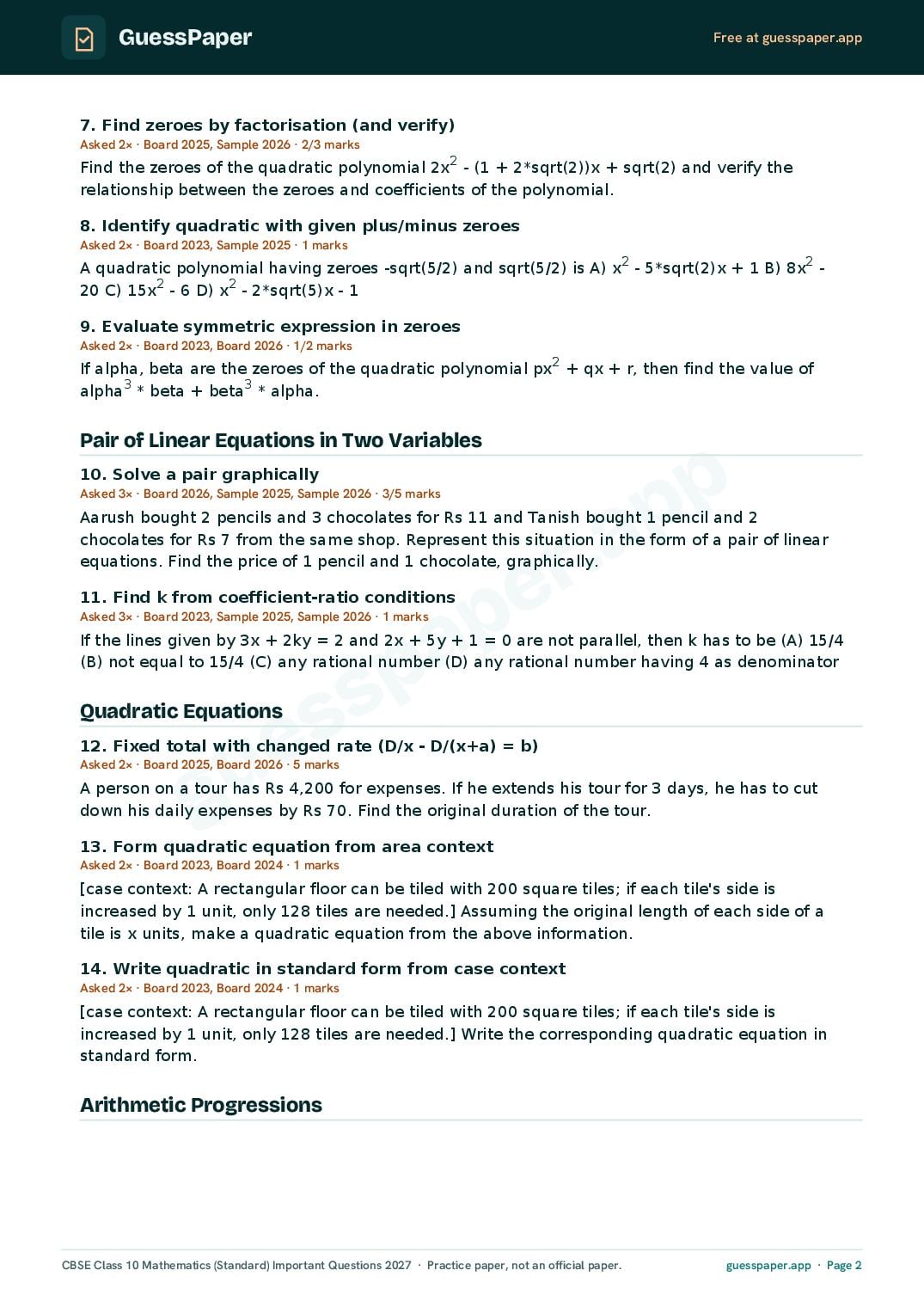 CBSE Class 10 Maths Standard Important Questions 2027 (PDF)