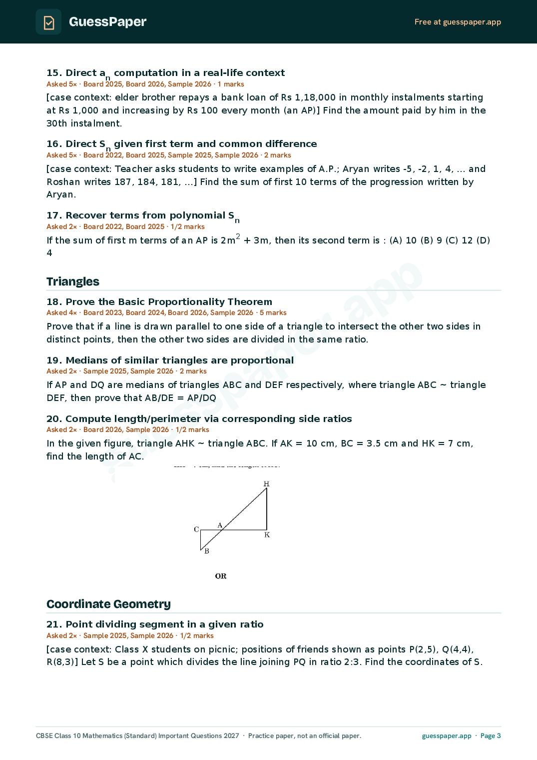 CBSE Class 10 Maths Standard Important Questions 2027 (PDF)