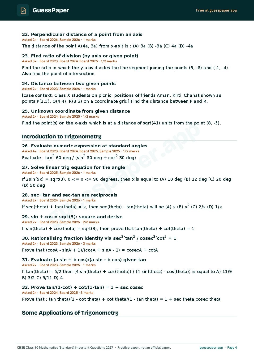 CBSE Class 10 Maths Standard Important Questions 2027 (PDF)