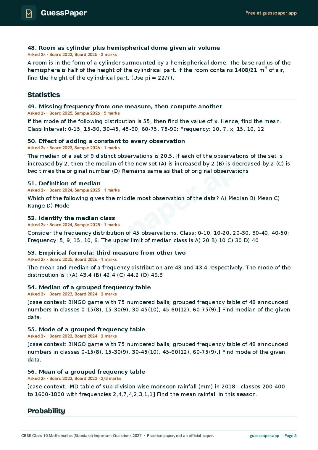 CBSE Class 10 Maths Standard Important Questions 2027 (PDF)