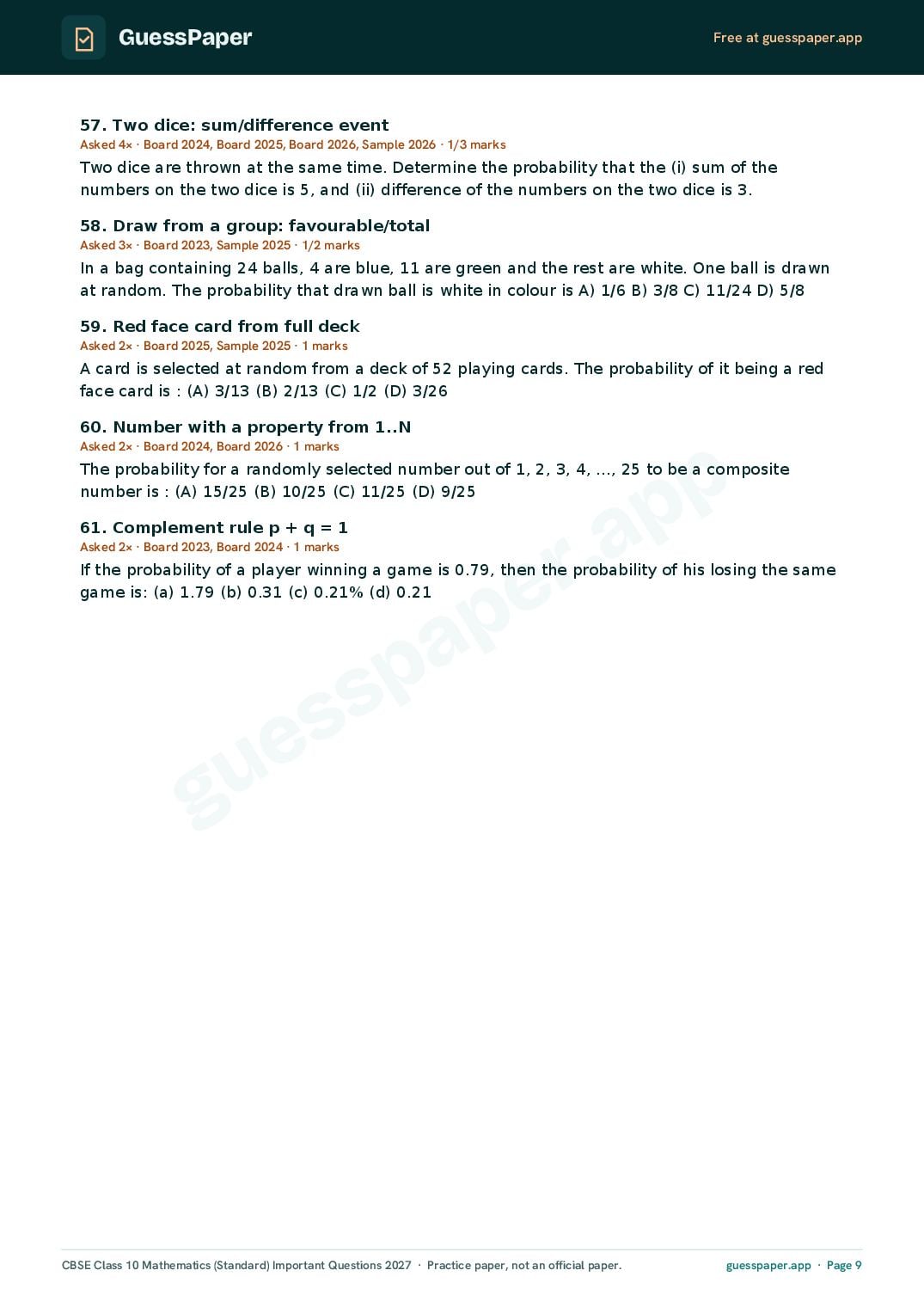 CBSE Class 10 Maths Standard Important Questions 2027 (PDF)