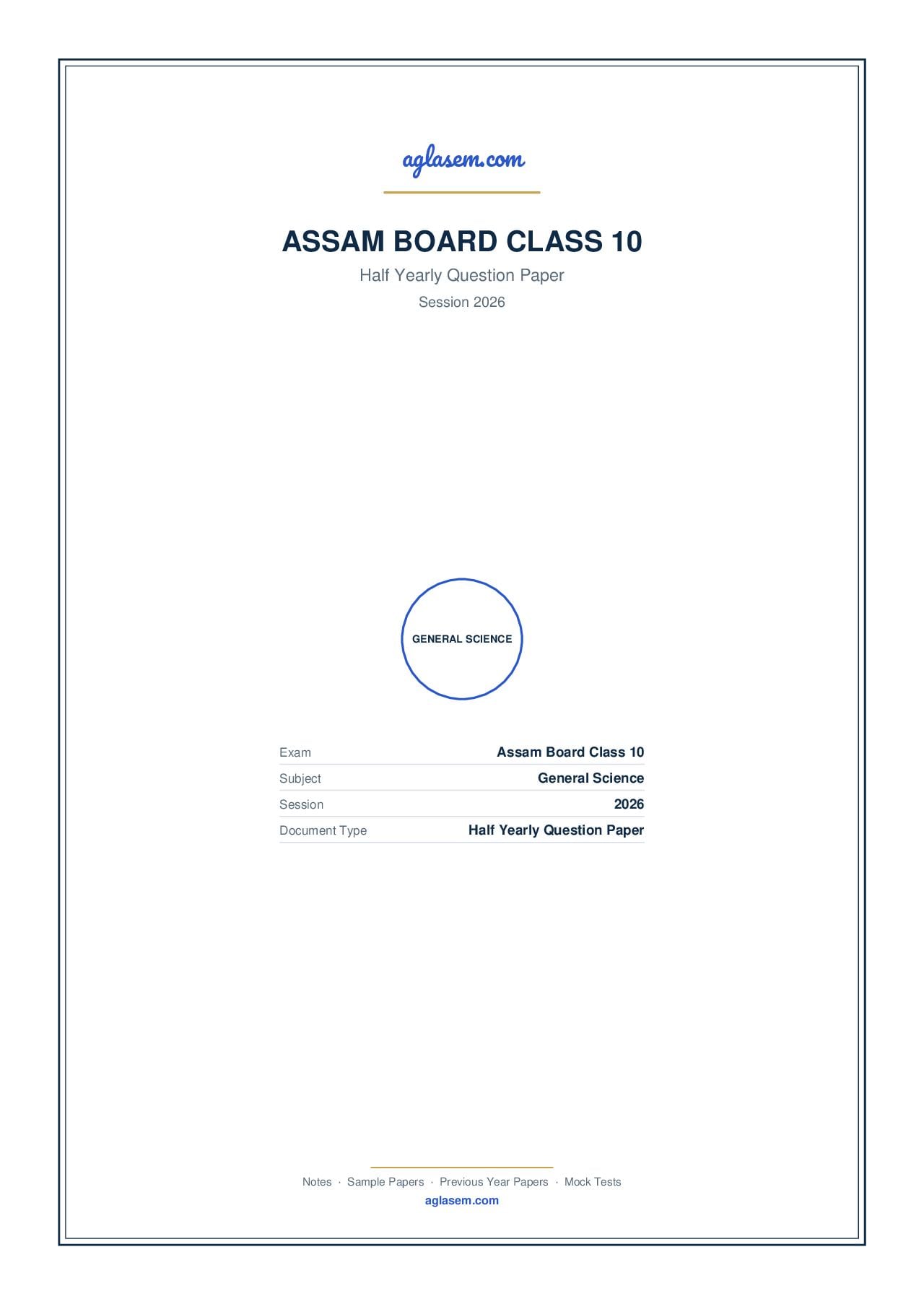 Assam Board Class 10 Half Yearly Question Paper 2026 General Science - Page 1 of 10