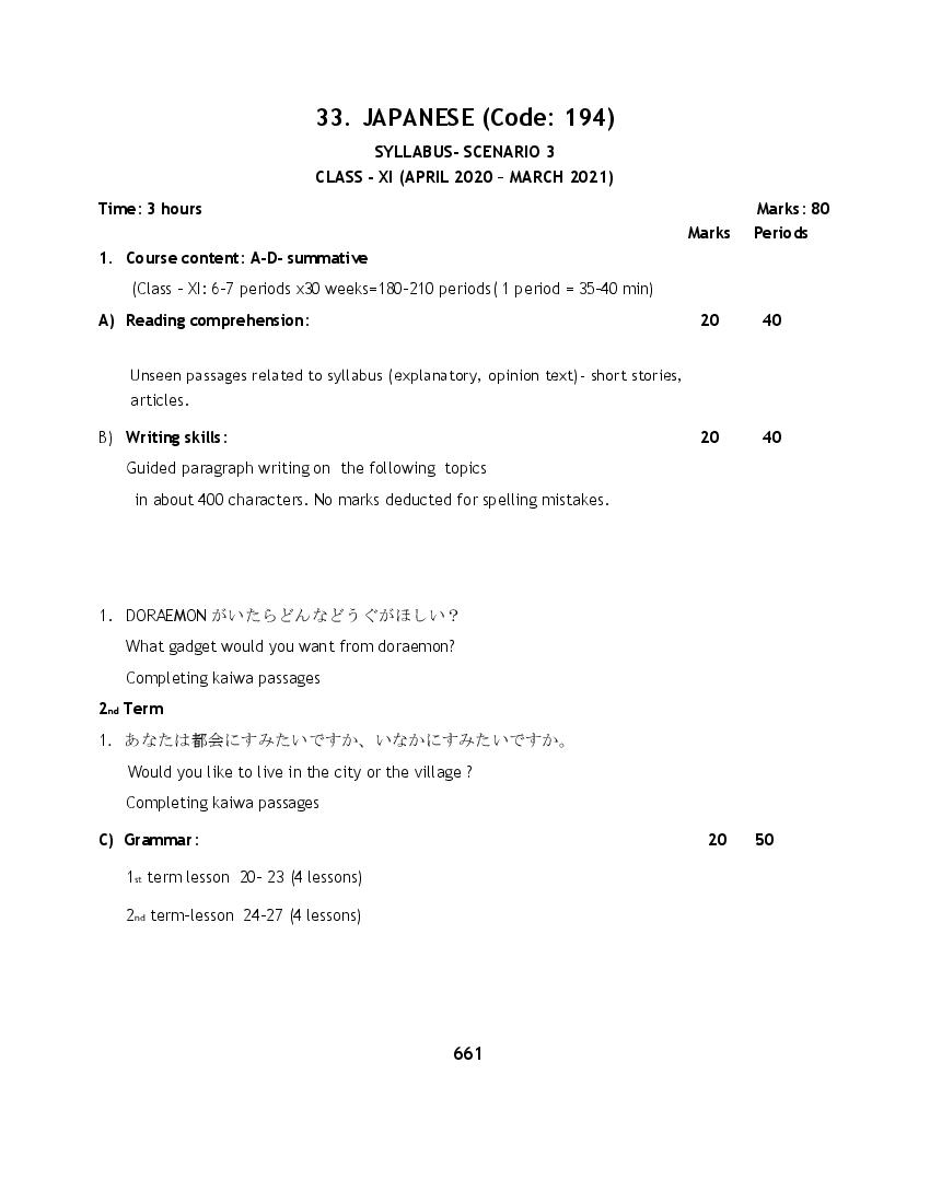 CBSE Class 11 Japanese Syllabus 2020-21 - Page 1