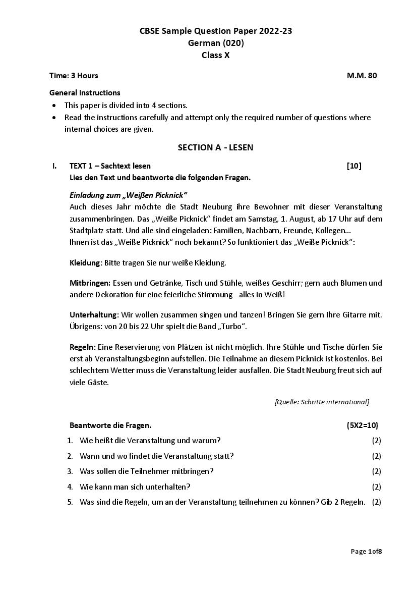 CBSE Class 10 Sample Paper 2023 for German - Page 1