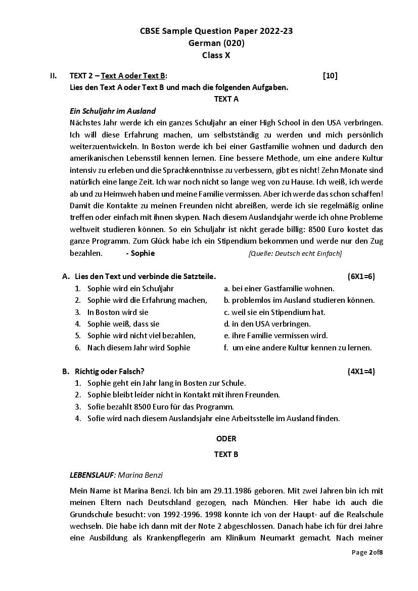 CBSE Class 10 German Sample Paper 2023 (PDF) - Class 10 German Sample ...