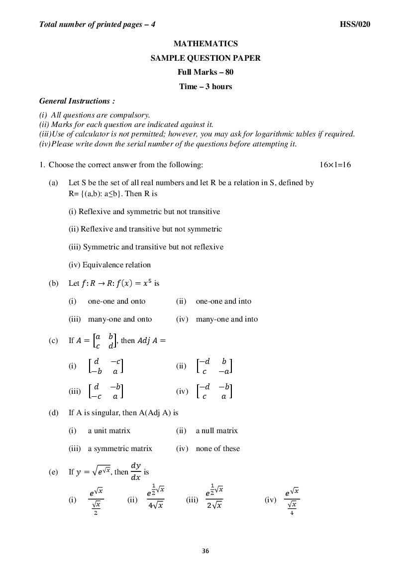 MBSE HSSLC Sample Question Paper 2021 Maths - Page 1