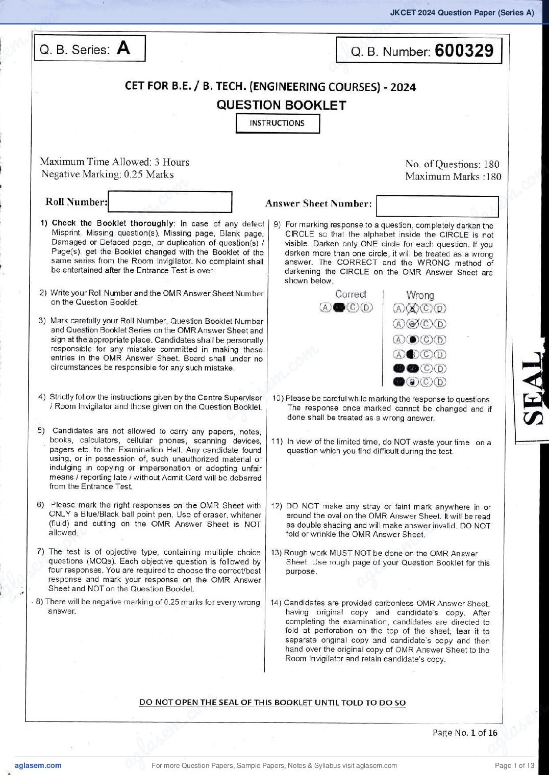 JKCET 2024 Question Paper PDF (180 Questions, Series A)
