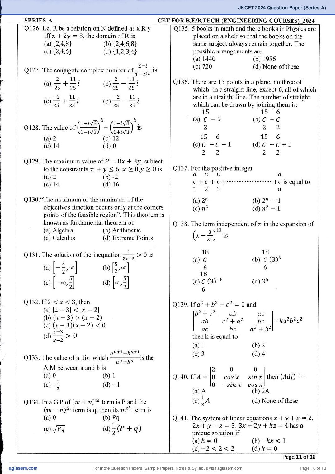 JKCET 2024 Question Paper PDF (180 Questions, Series A)