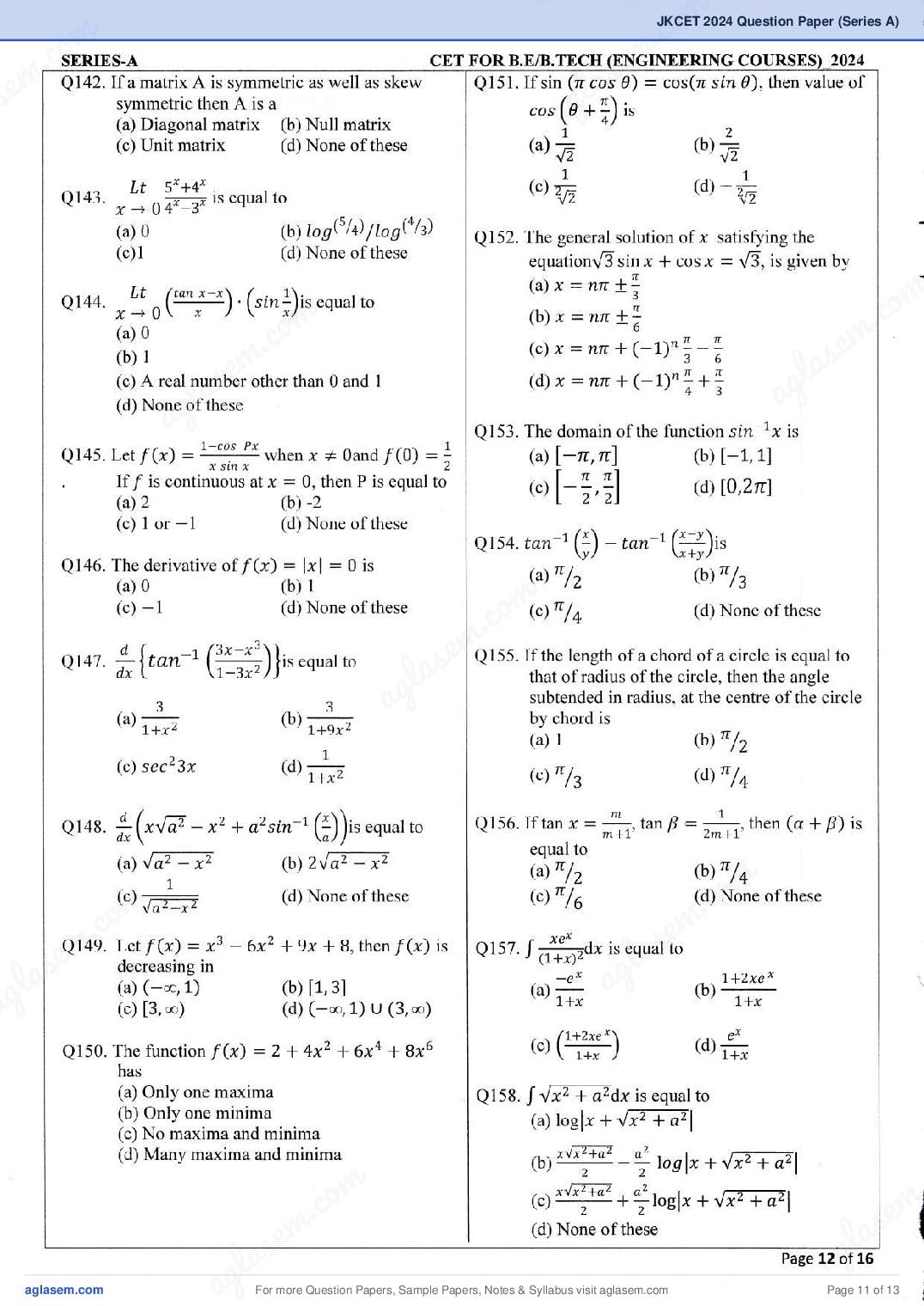 JKCET 2024 Question Paper PDF (180 Questions, Series A)