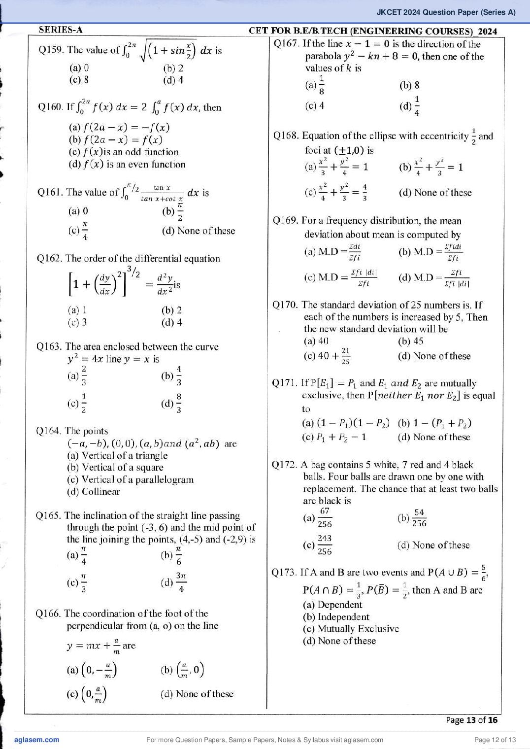 JKCET 2024 Question Paper PDF (180 Questions, Series A)