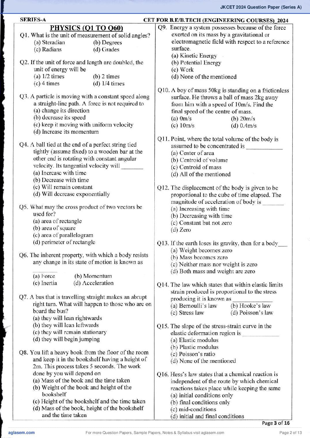JKCET 2024 Question Paper PDF (180 Questions, Series A)