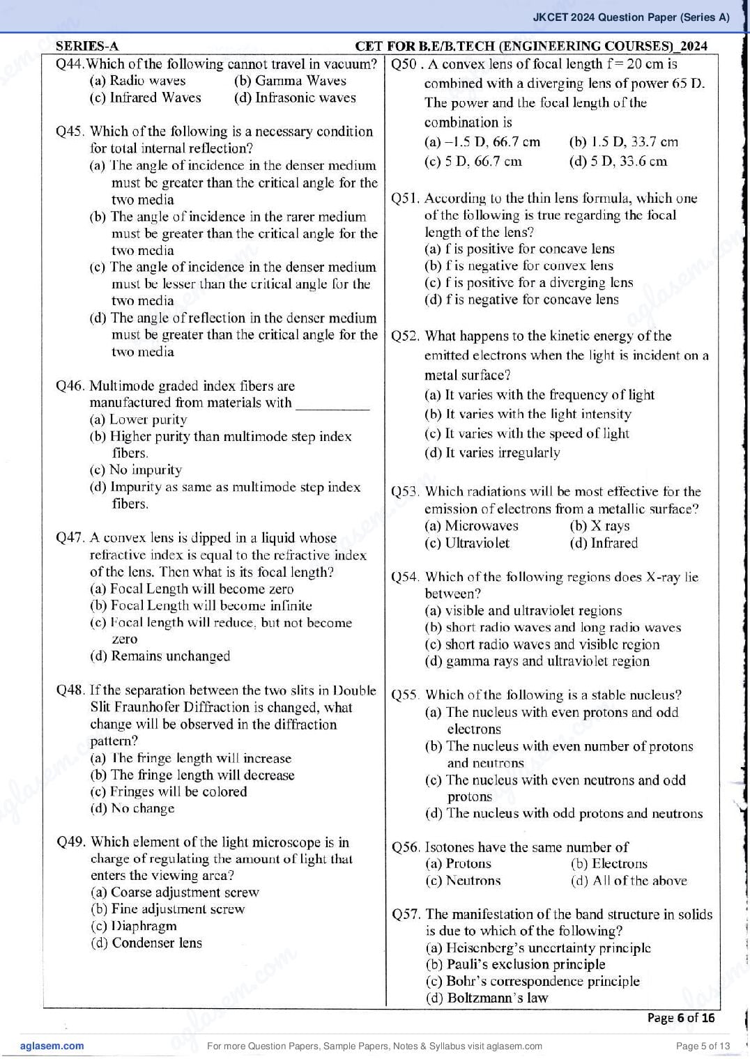 JKCET 2024 Question Paper PDF (180 Questions, Series A)