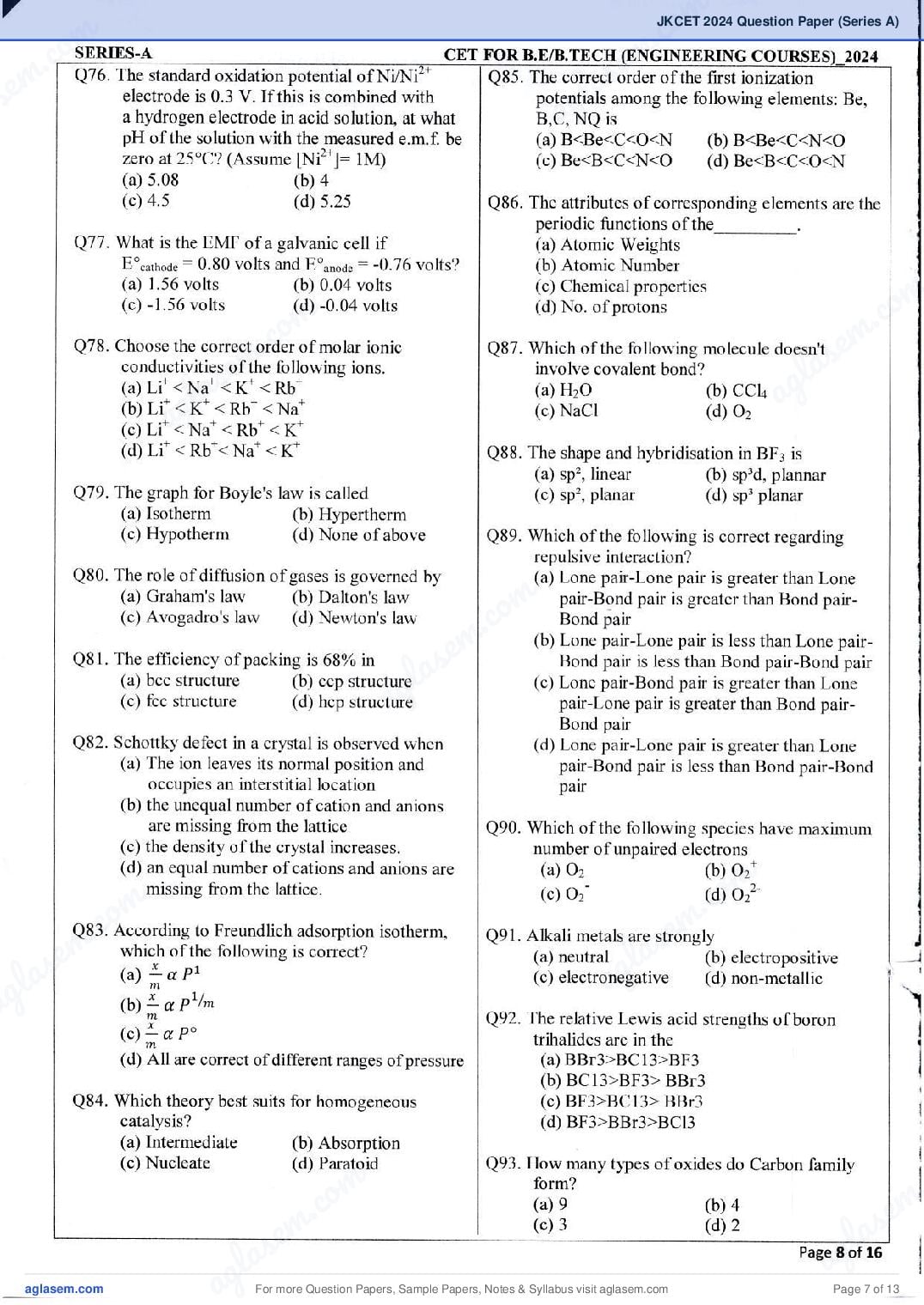 JKCET 2024 Question Paper PDF (180 Questions, Series A)