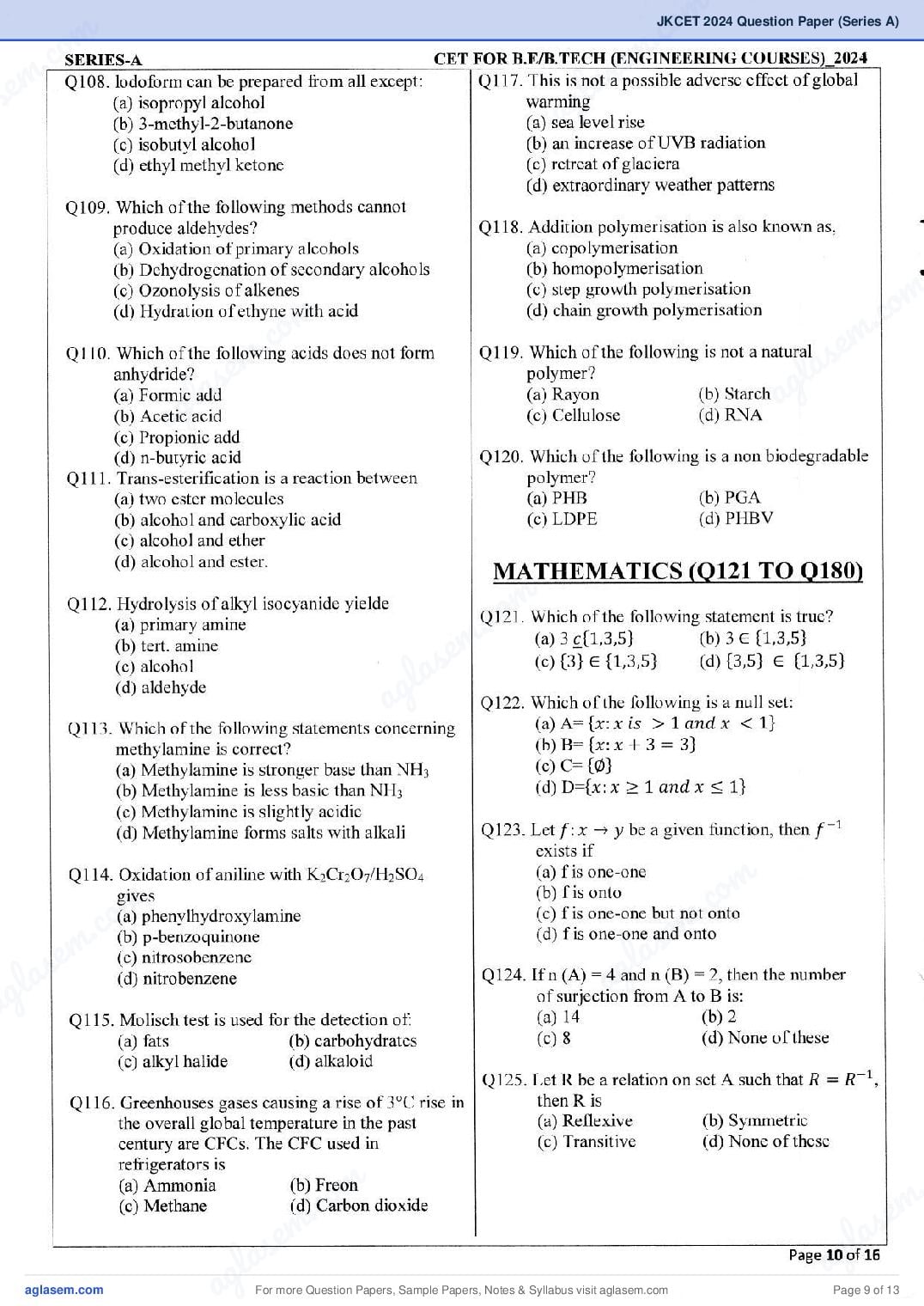 JKCET 2024 Question Paper PDF (180 Questions, Series A)