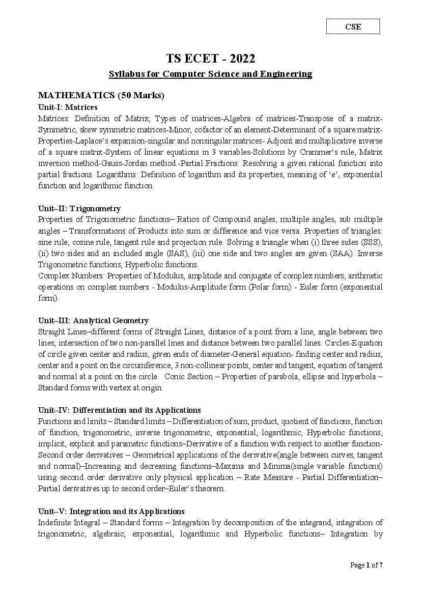 TS ECET 2022 Syllabus for Computer Science and Engineering - Page 1