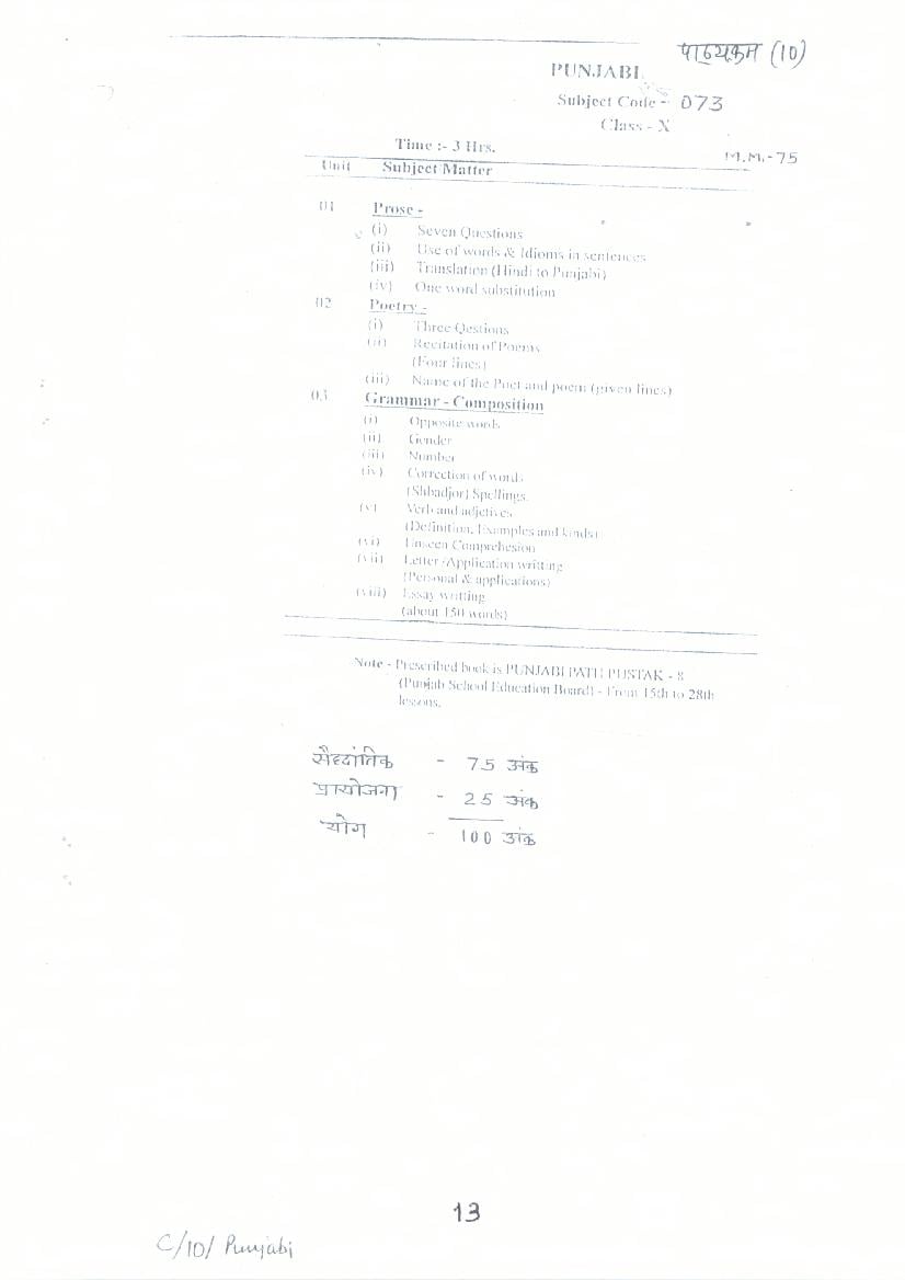 CG Board 10th Syllabus 2024 Punjabi - Page 1