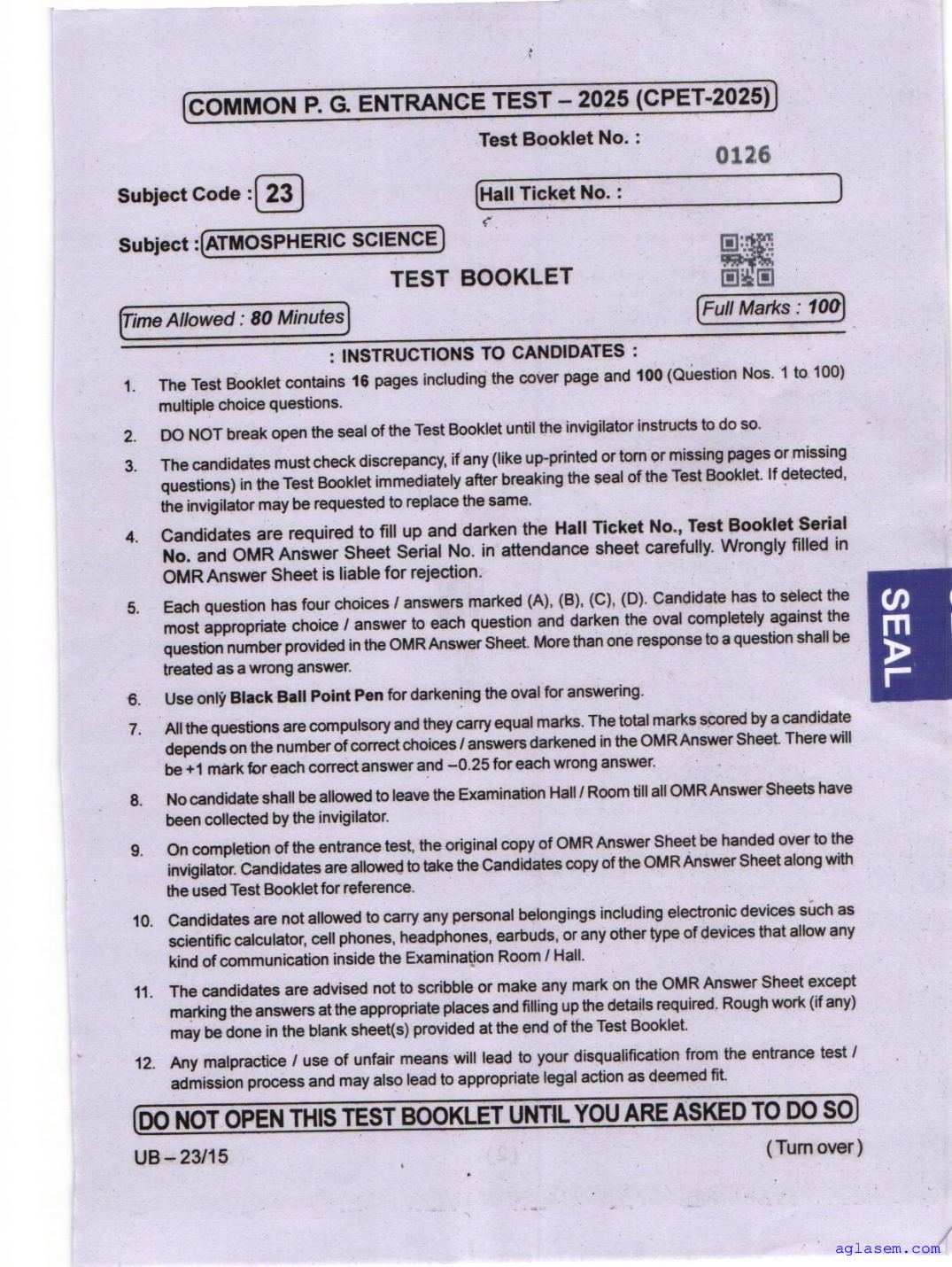 Odisha CPET 2025 Question Paper Atmospheric Science - Page 1 of 16