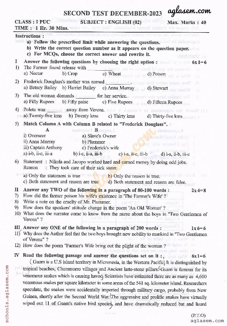 Karnataka 1st PUC Second Test Question Paper 2023-24 English