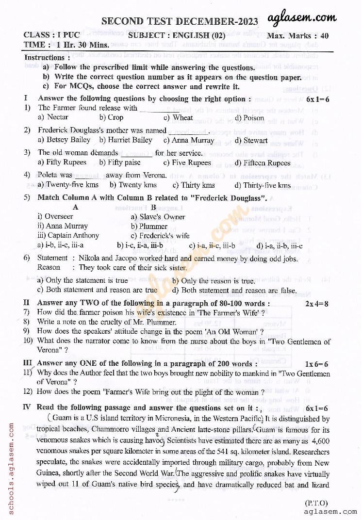 Karnataka 1st PUC Second Test Question Paper 2023-24 English - AglaSem