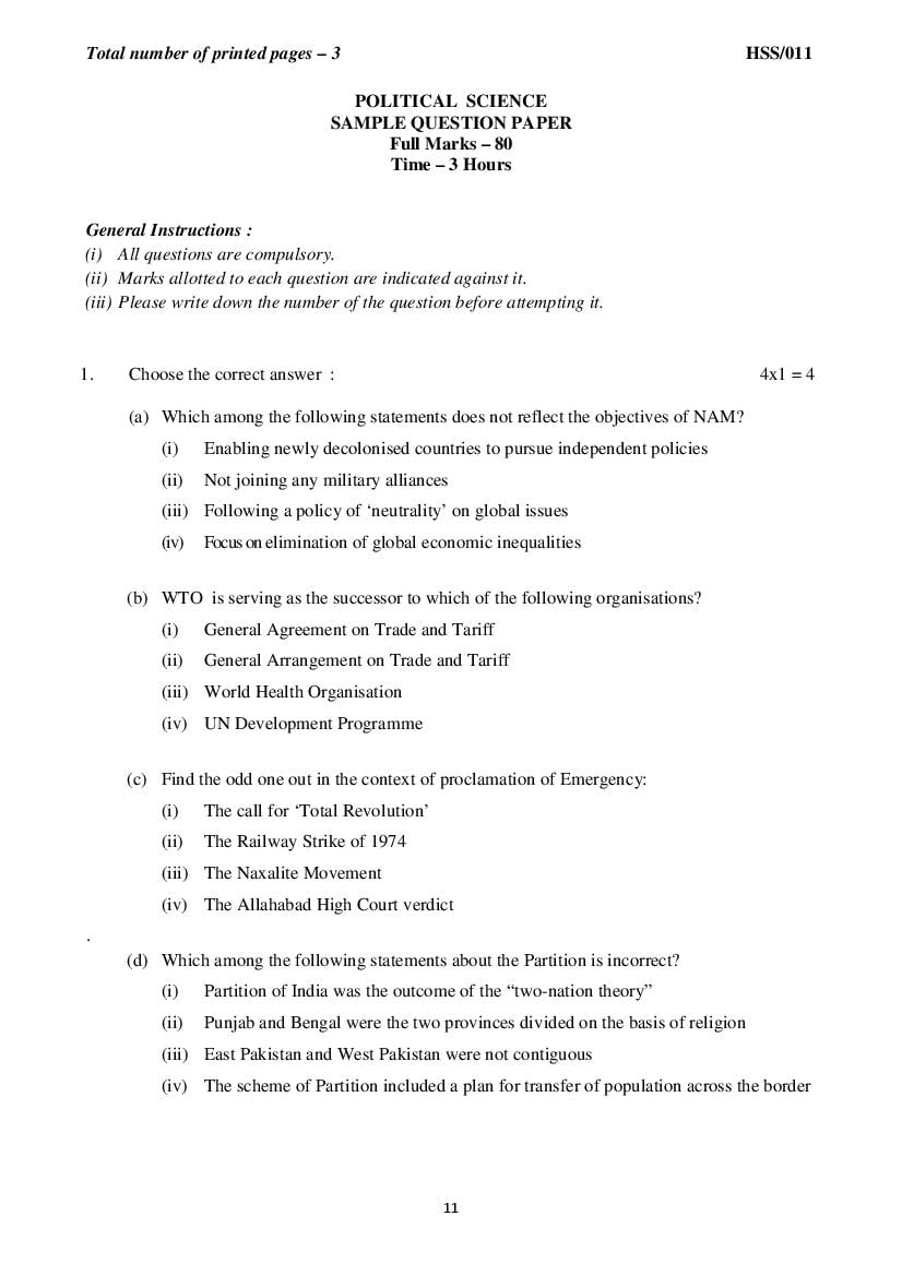 MBSE HSSLC Sample Question Paper 2021 Political Science - Page 1