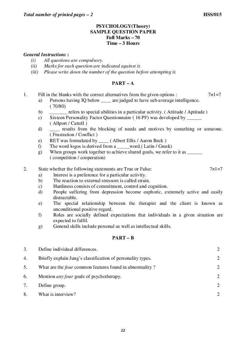 MBSE HSSLC Sample Question Paper 2021 Psychology - Page 1