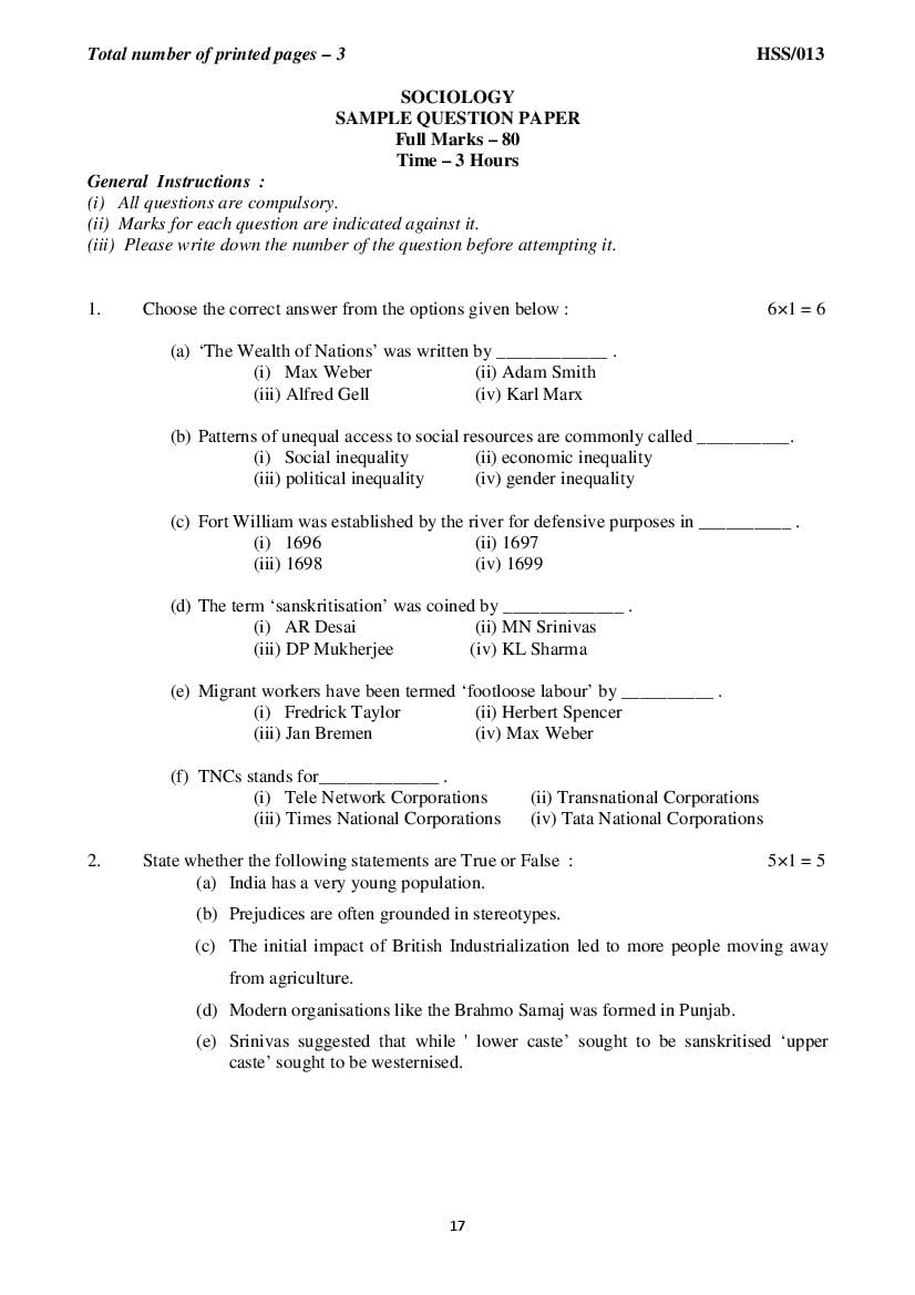 MBSE HSSLC Sample Question Paper Sociology - Page 1