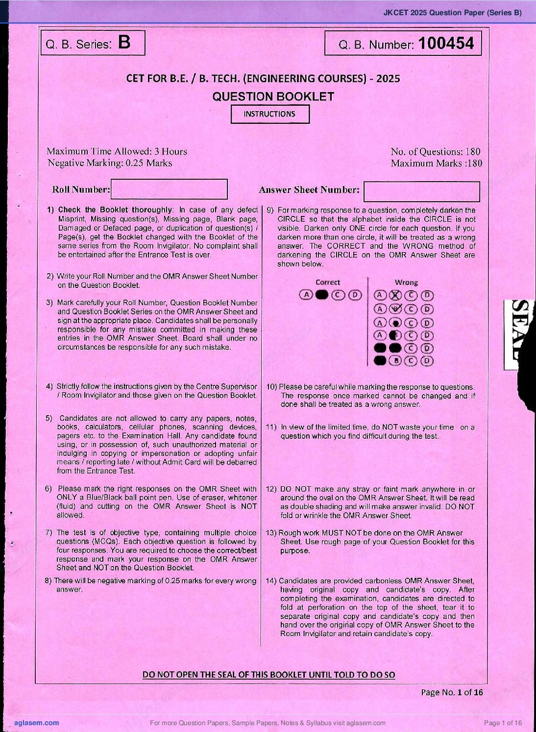 JKCET 2025 Question Paper PDF with Answer Key (Series B)