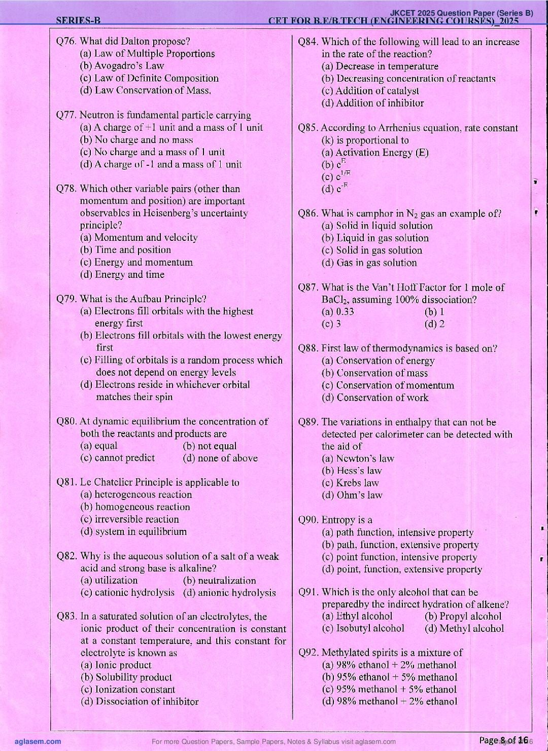 JKCET 2025 Question Paper PDF with Answer Key (Series B)