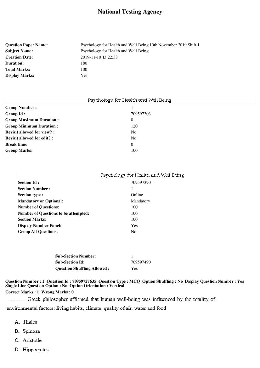 SWAYAM 2019 Question Paper Psychology for Health and Well Being - Page 1