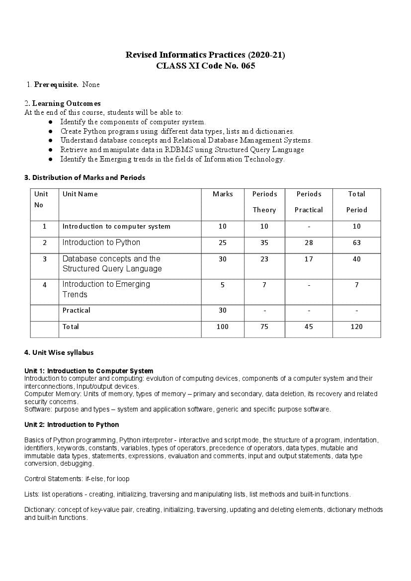 CBSE Class 11 Informatics Practices Syllabus 2020-21 - Page 1