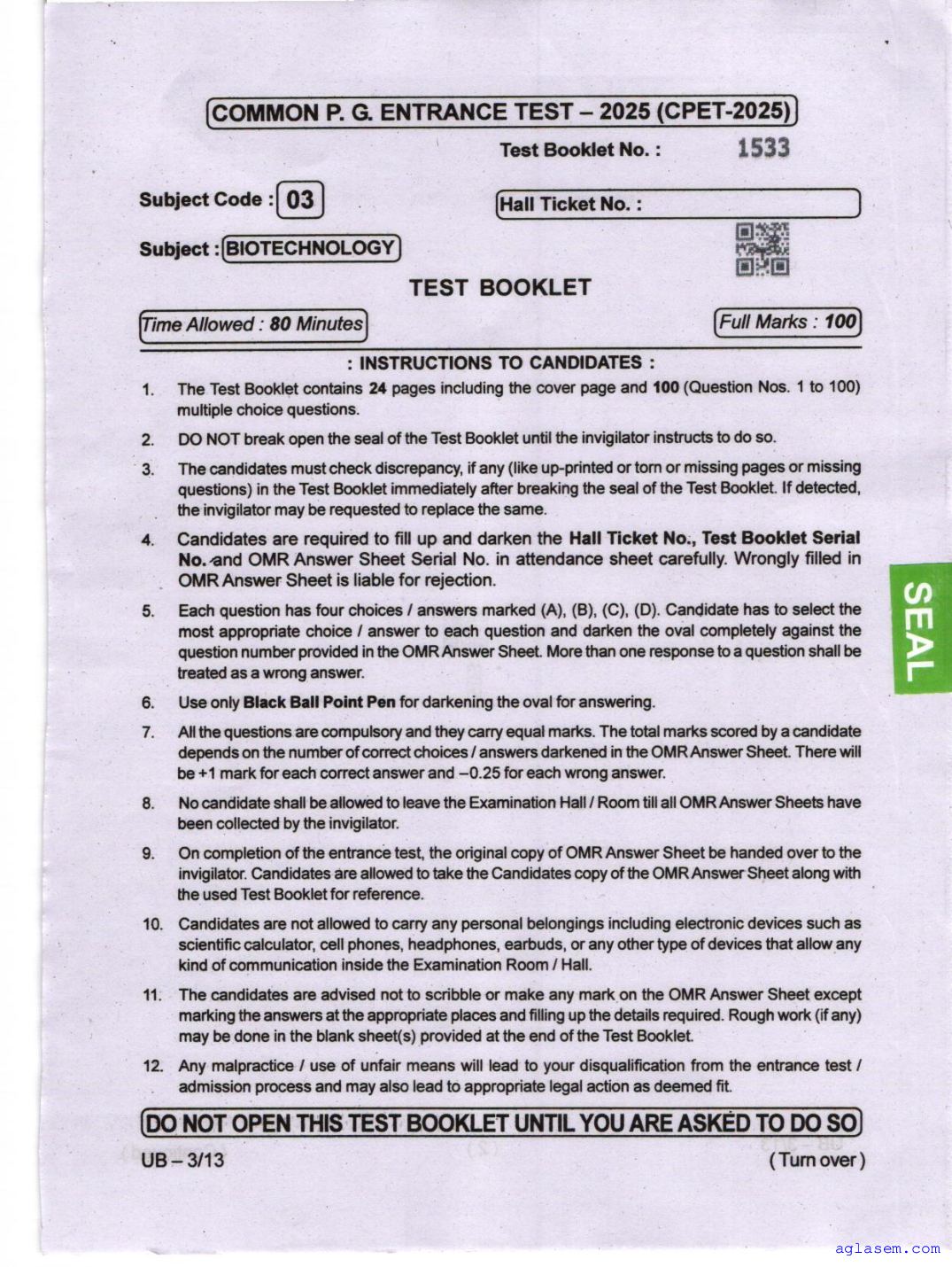 Odisha CPET 2025 Question Paper Biotechnology - Page 1 of 24
