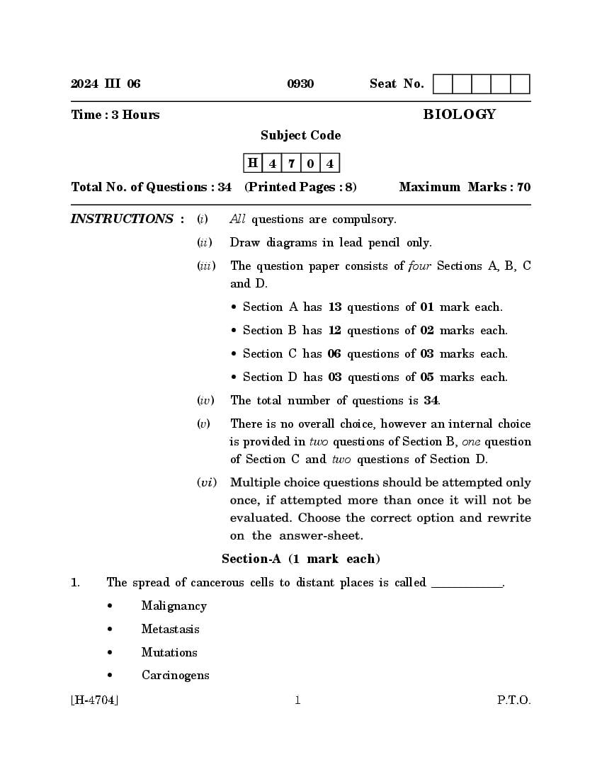 Goa Board Class 12 Question Paper 2024 Biology - Page 1