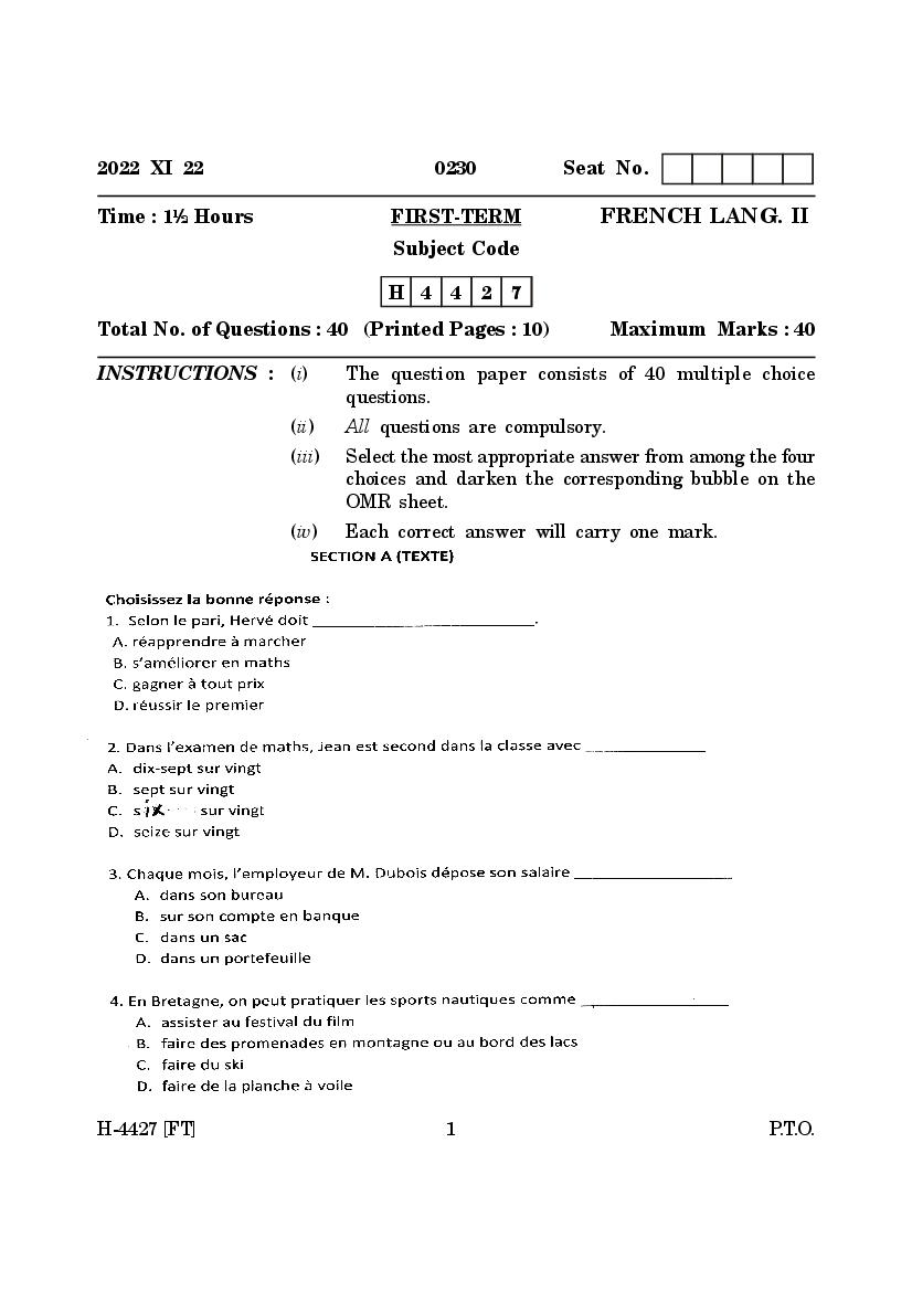 Goa Board Class 12 Question Paper 2022 French - Page 1