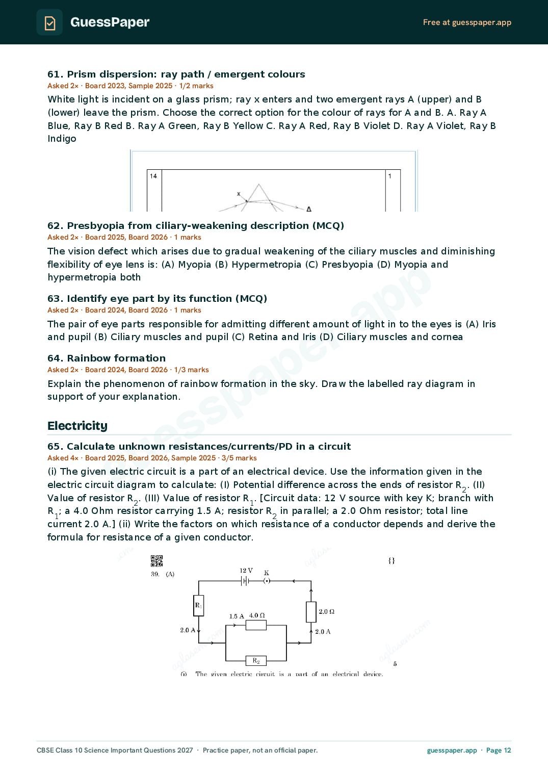 CBSE Class 10 Science Important Questions 2027 (PDF)