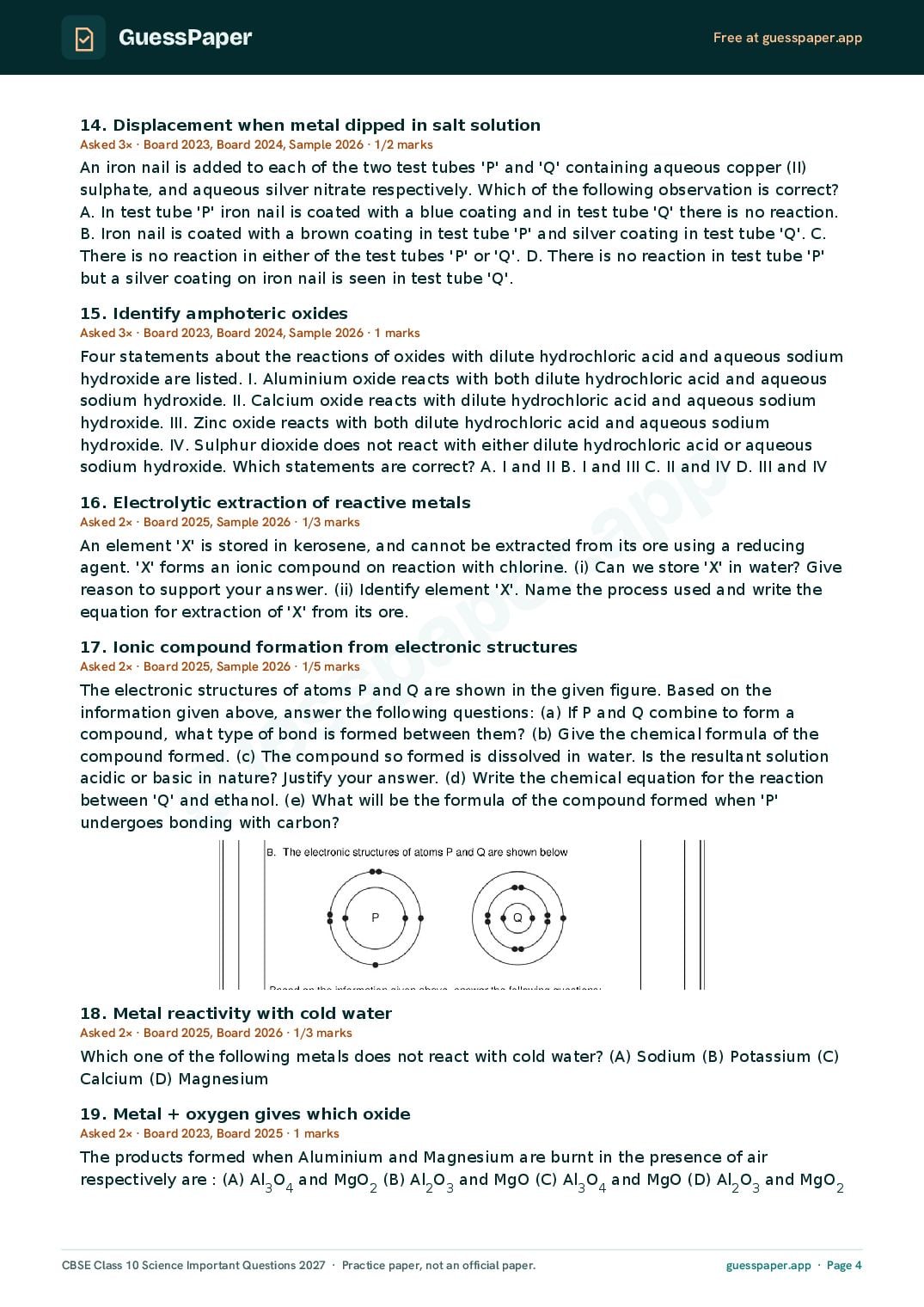 CBSE Class 10 Science Important Questions 2027 (PDF)