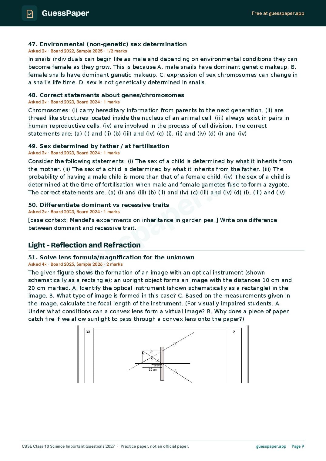CBSE Class 10 Science Important Questions 2027 (PDF)