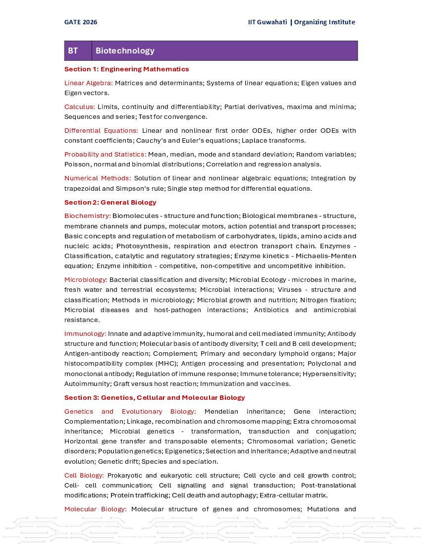 GATE 2026 Syllabus for BT - Page 1
