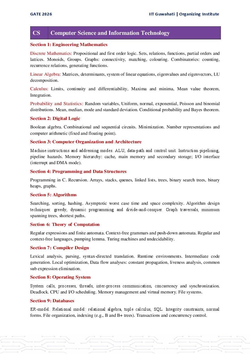 GATE 2026 Syllabus for CS - Page 1