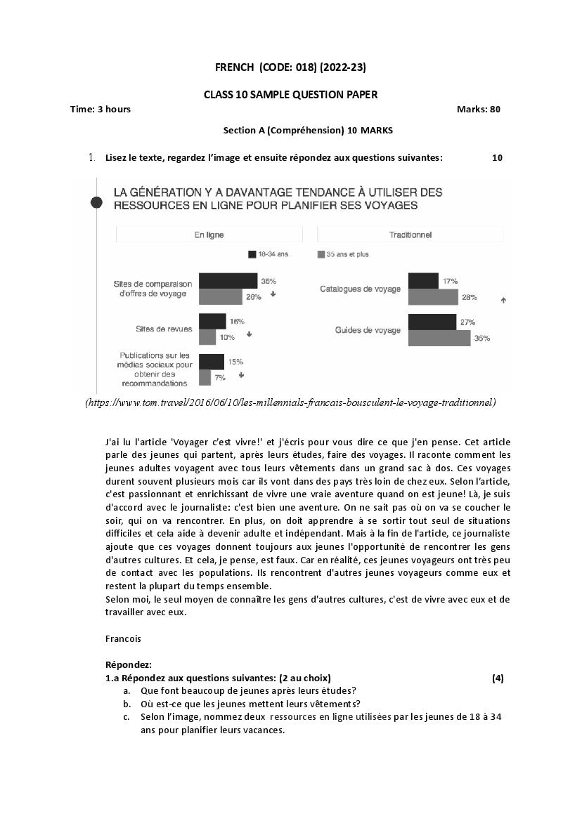 CBSE Class 10 Sample Paper 2023 For French