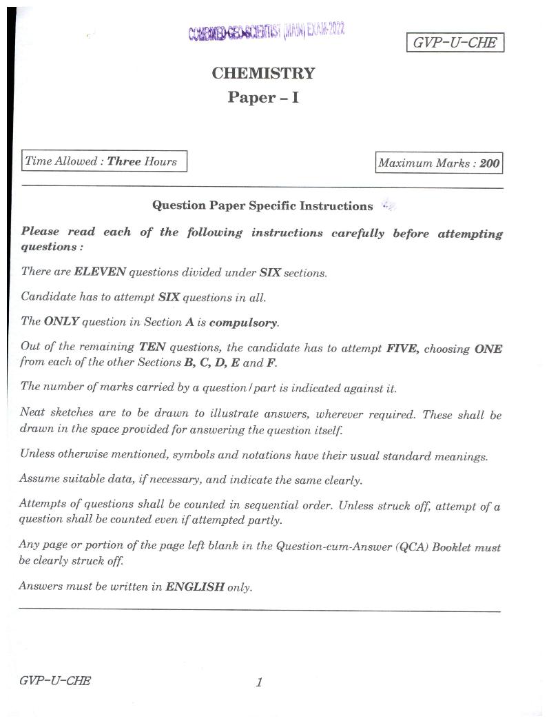 UPSC CGGE 2022 (Mains) Question Paper Chemistry Paper I - Page 1