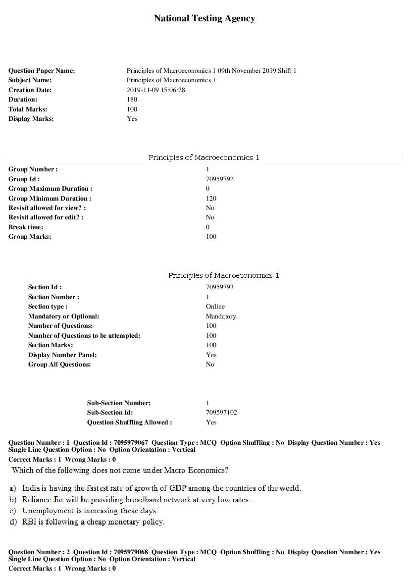 SWAYAM 2019 Question Paper Principles of Macroeconomics 1 - Page 1