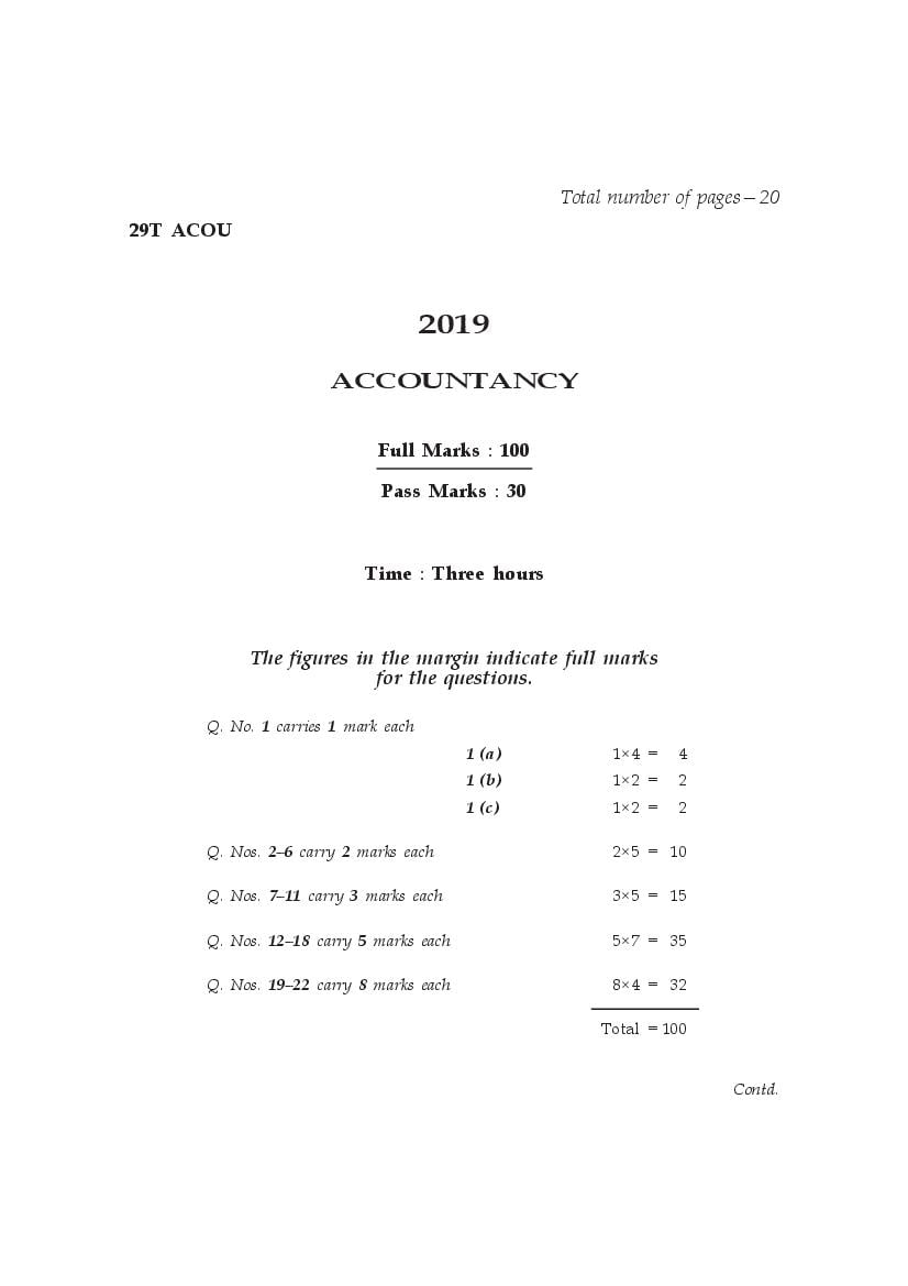 AHSEC HS 2nd Year Question Paper 2019 Accountancy - Page 1