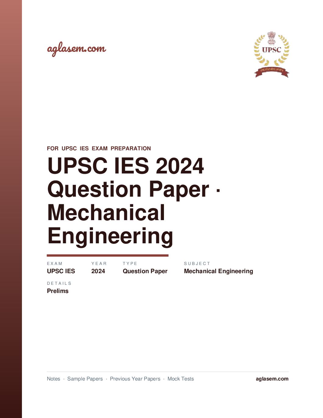 UPSC IES 2024 (Prelims) Question Paper for Mechanical Engineering - Page 1 of 41