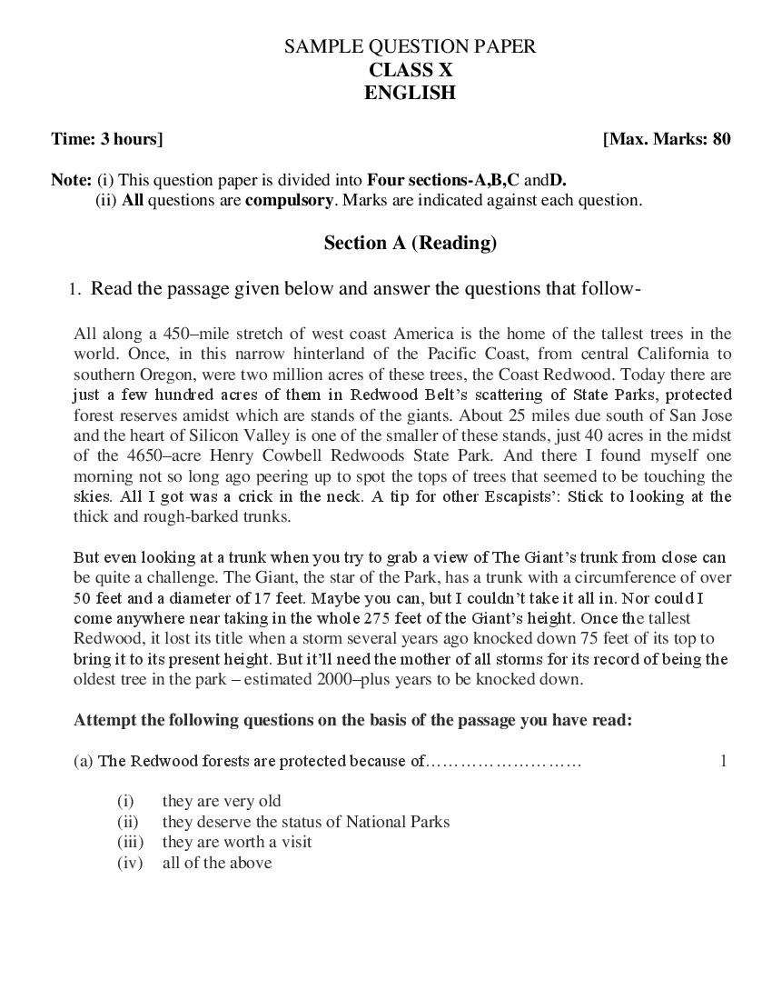 Uttarakhand Board Class 10 Sample Paper 2023 English - Page 1