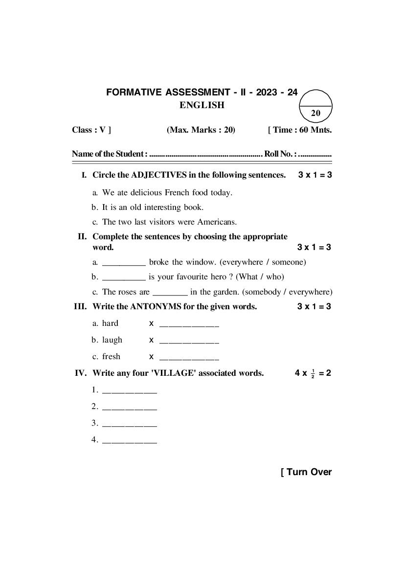 AP Class 5 FA2 Question Paper 2023 English - Page 1
