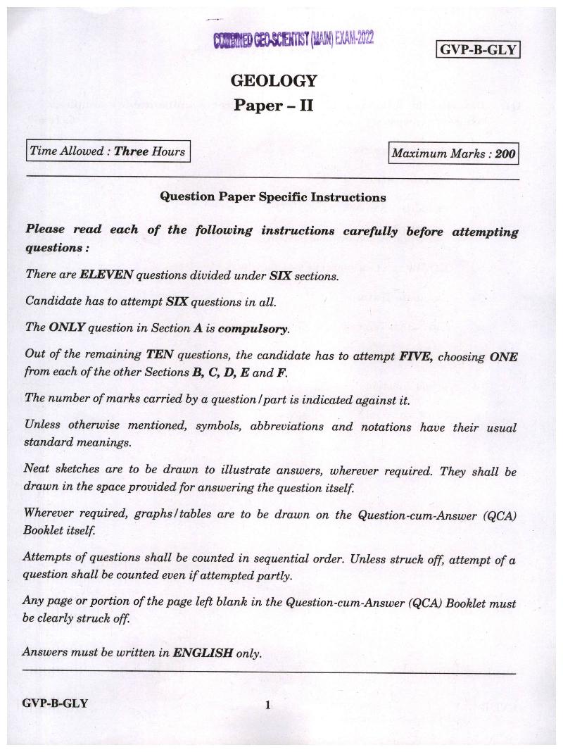 UPSC CGGE 2022 (Mains) Question Paper Geology Paper II - Page 1
