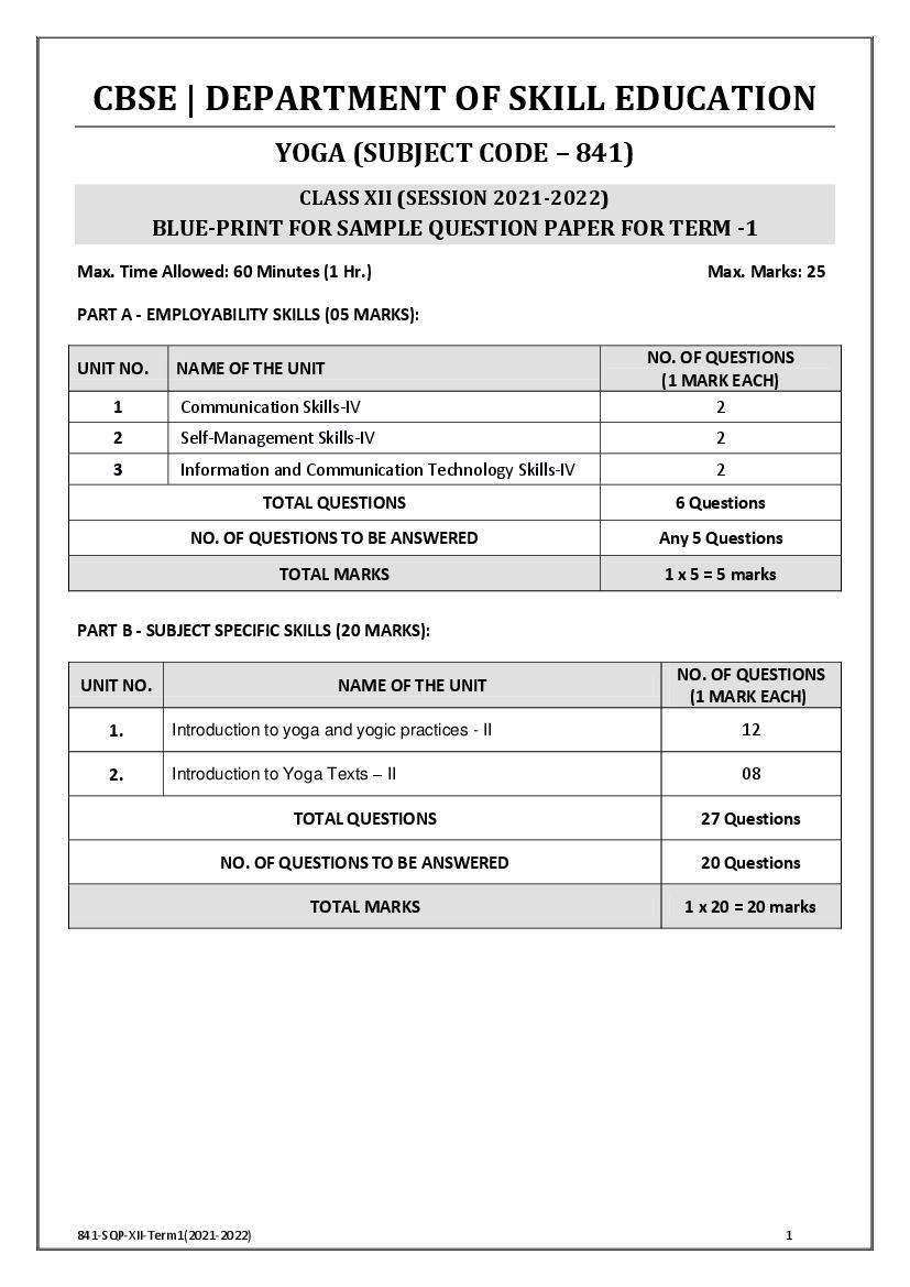 CBSE Class 12 Sample Paper 2022 for Yoga Term 1 - Page 1