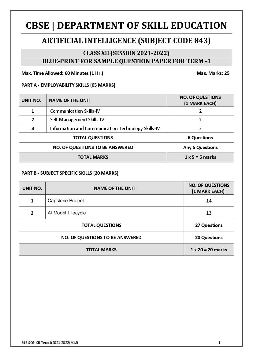 CBSE Class 12 Sample Paper 2022 for Artificial Intelligance Term 1 - Page 1