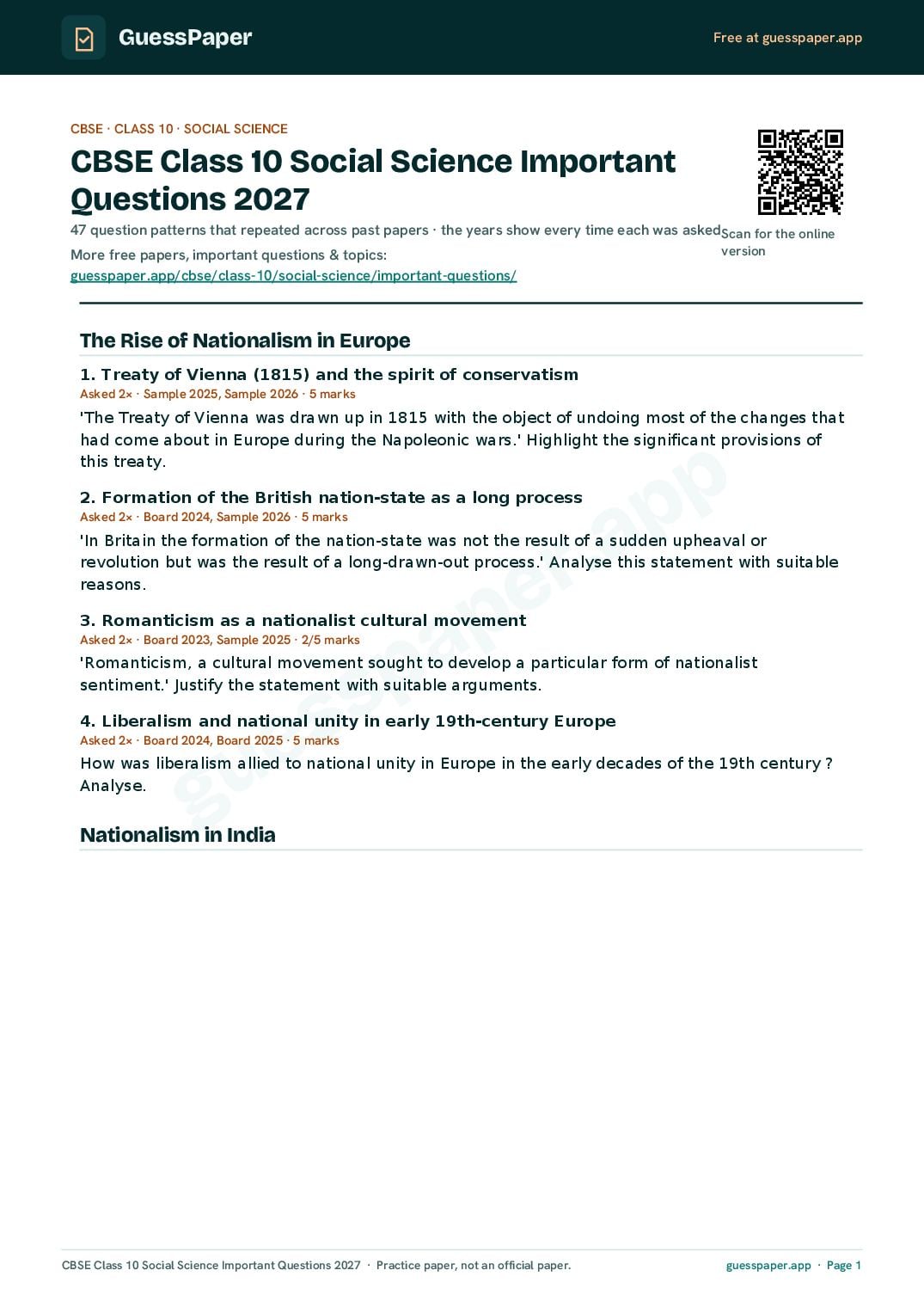 CBSE Class 10 Important Questions 2027 Social Science - Page 1 of 8